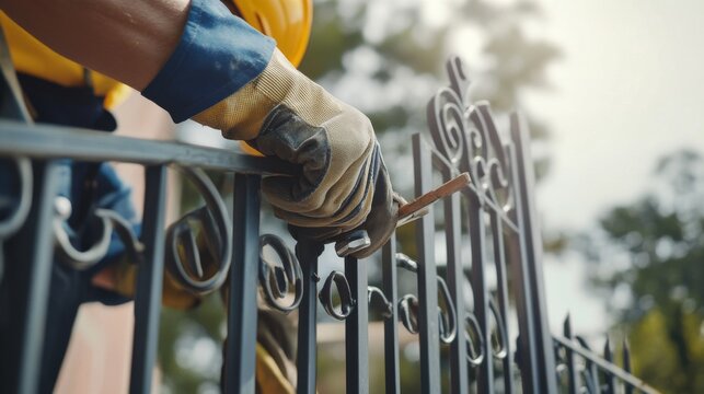 A construction worker installing a metal gate on a property. Featuring precision and craftsmanship
