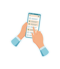 A hand holds a smartphone, tapping an application. A user interacts with a digital device, gesturing with finger. Technology sticker displays cool communication scene modern media.