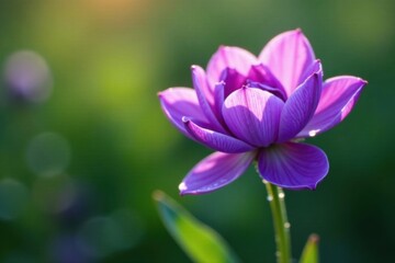 Fototapeta premium Delicate, layered violet petals unfurl from a purple flower head in early morning dew, nature, green leaves