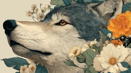 wolf with flowers clipart digital watercolor clipart detailed illustration,photo image
