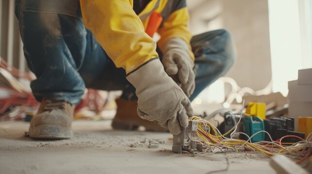 A construction worker installing electrical wiring at a building site. Featuring craftsmanship and safety