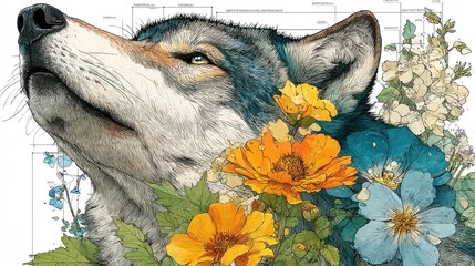 wolf with flowers clipart watercolor illustration hand painted digital artwork