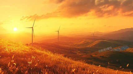 Sustainable energy concept, panoramic view of wind turbines and solar panels on grass during golden hour, renewable energy, environmentally friendly technology and clean electricity production