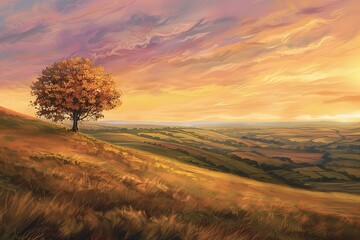 Fototapeta premium Scenic sunset over rolling hills with a lone tree standing majestically on a hilltop
