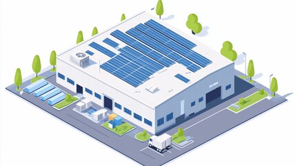Isometric illustration of a modern warehouse with solar panels on the roof, surrounded by trees and a delivery truck.
