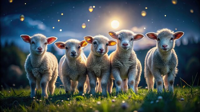 Night Photography Lambs, Cute Cheeps, Dark Farm Scene, Fluffy Sheep, Adorable Animals, Nighttime Pasture