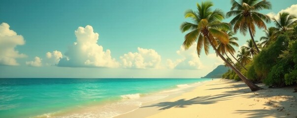 Fototapeta premium Vintage postcard-style image of a deserted beach with swaying palm trees and turquoise water at dawn, waves, vintage