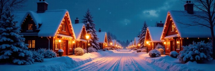 Snowy village street with decorated houses and festive lights at night, cozy homes, snowy village