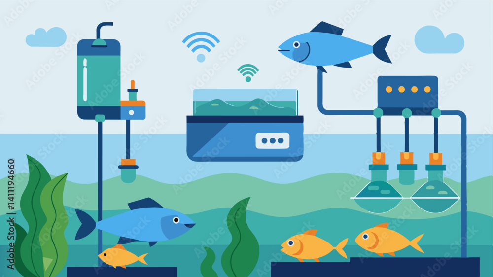 Poster sensors installed in the fish tanks to monitor water levels and automatically refill the tank as nee