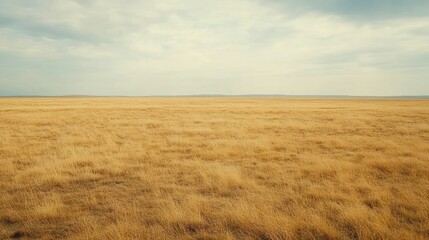 Fototapeta premium A Vast Field Of Dry Grass Stretches To The Horizon Line