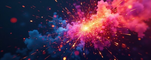 Vibrant colors exploding in mid-air, with rapid sparks and shimmering lights, colorful explosion, starry background