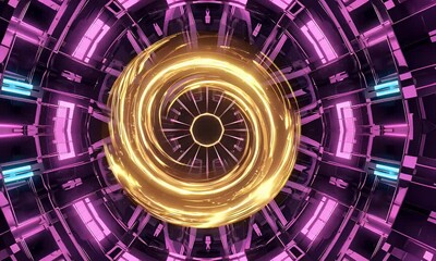 Golden orb within a futuristic, symmetrical, and vibrant structure - Powered by Adobe