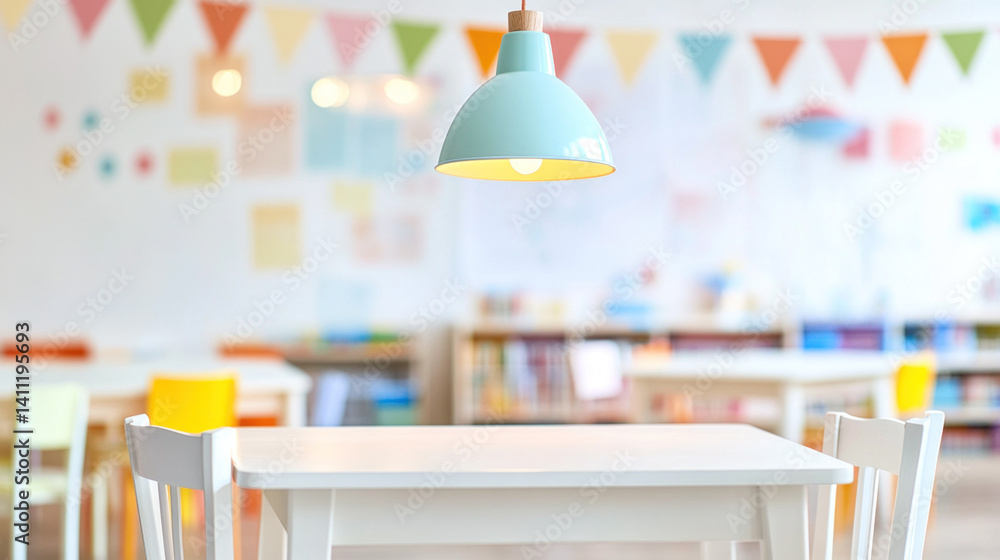 Poster a classroom with a white table and chairs. the table is empty and the room is brightly lit