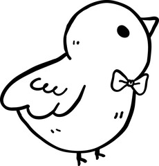 Cute Retro Little Bird with Bow Outline Doodle Hand Drawn
