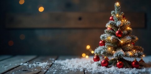 Snowy Christmas tree on wooden background with ornaments and fairy lights, Sparkling lights, Christmas decorations
