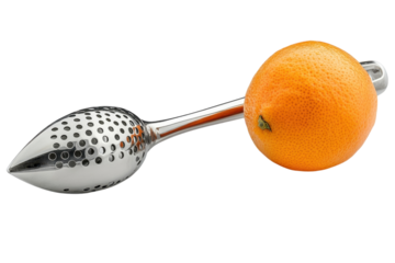 Elegant silver citrus reamer juicer with fresh orange against black on transparent background