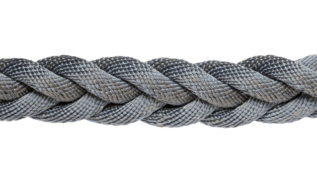 dark grey spiral braided paracord rope close-up with tight woven synthetic texture for strength and utility use on isolated background
