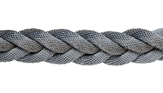 dark grey spiral braided paracord rope close-up with tight woven synthetic texture for strength and utility use on isolated background
