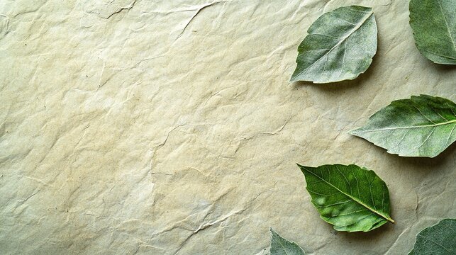 Close-up of recycled paper texture with bright green leaves embedded in it, detail of environmentally friendly sustainable material. Presented in natural tones of brown, beige and green.