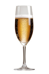 champagne flute with bubbles on white background