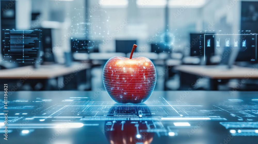 Poster a computer monitor displays a red apple with a green stem. the apple is surrounded by a blue backgro