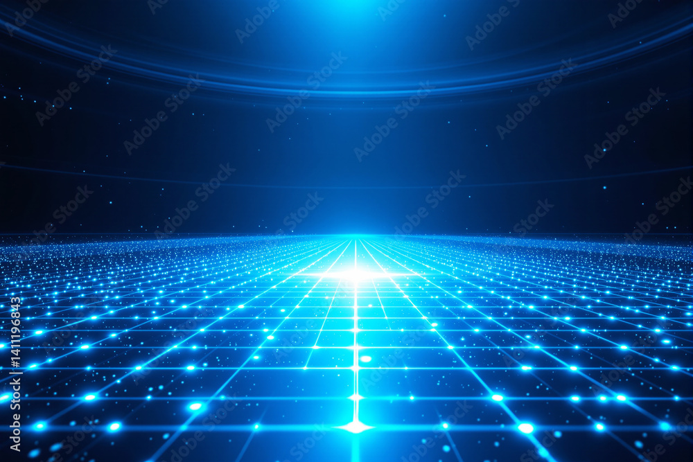 Poster glowing digital blue grid surface with light particles extending to horizon, futuristic sci-fi style