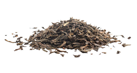 pile of loose leaf black tea on white background