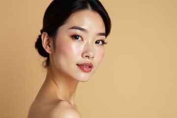Fototapeta premium Elegant Asian woman with flawless porcelain skin, defined brows, and luscious lashes on a soft beige background, luxury, Asian features, beauty standards