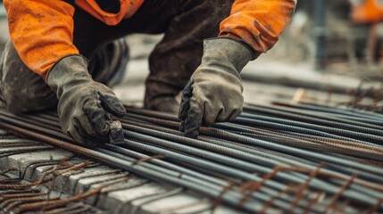 A construction worker installing steel rods for structural reinforcement. Featuring expertise and care