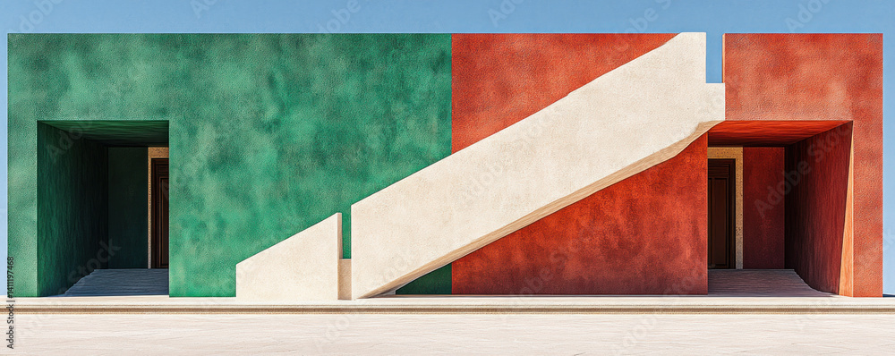 Aufkleber a building with a green and red facade has a staircase leading up to it. the building is two stories