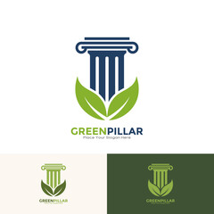 Green pillar with leaf symbols. Logo vector template. Suitable for law office, law firm, attorney services, luxury logo design templates . Also for green symbols 