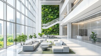 Modern Office Lobby with Green Wall and City View