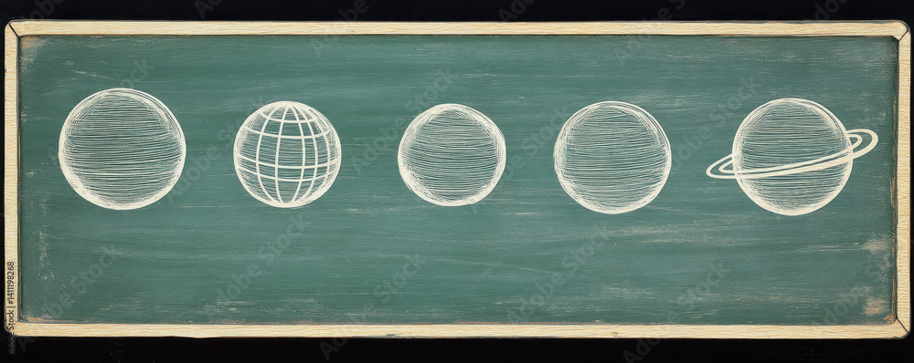 Poster a chalkboard with five planets drawn on it. the planets are in order from the sun to the outer edge 