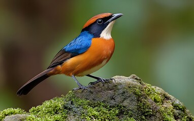 Fototapeta premium Vibrant Blue and Orange Bird on Mossy Rock