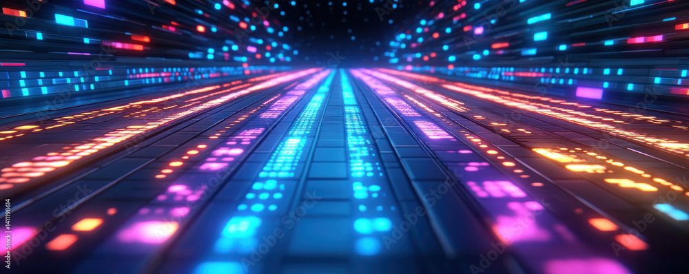 Poster a colorful, neon-lit image of a computer screen with a keyboard and a mouse. concept of technology a