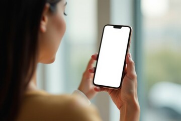Image of woman pointing finger at mobile phone with blank white screen, Negative Emotions, Anger