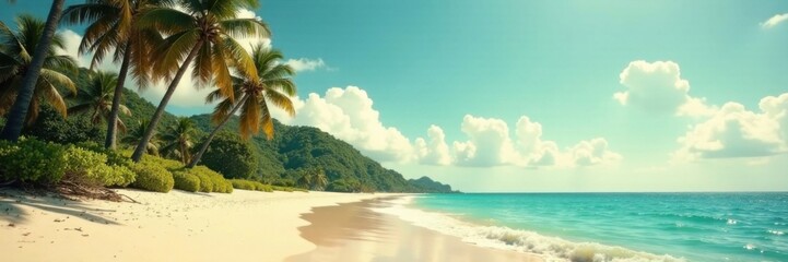 Vintage toned palm trees along sandy ocean shore, sun, warm
