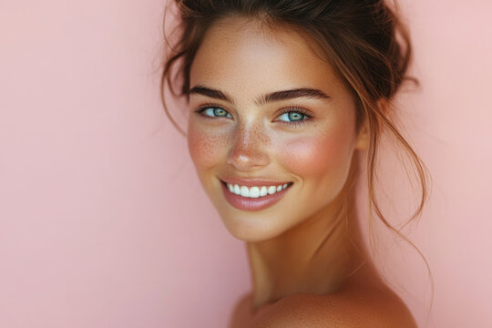 Woman showcasing frc skincare products, glowing complexion, natural backdrop, showcasing skincare routine, minimalist packaging, beauty essentials.