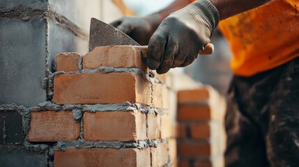 A construction worker laying bricks at a building site. Featuring craftsmanship and dedication