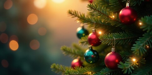 Fototapeta premium Evergreen tree with multicolored ornaments and soft fairy lights against a warm background, colorful baubles, holiday decor