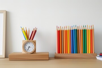 Wooden desk scene featuring colorful pencils a clock and a blank frame minimalist style