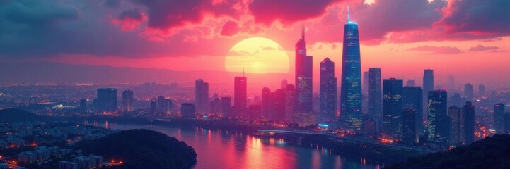 Fototapeta premium Futuristic cityscape at dawn with sleek skyscrapers and neon lights, modernity, , futuristic city