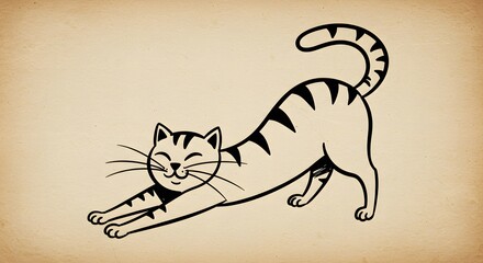 Cute cartoon cat stretching on a vintage background with a happy expression showcasing its playful nature Generative AI
