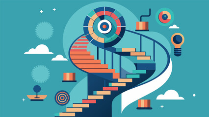 Obraz premium A spiral staircase with each step representing a new level of intelligence and complexity achieved through the continuous ingestion of data feeds by a machine learning algorithm.. Vector illustration