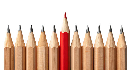 Creative concept image of red pencil standing out among group of ordinary wooden pencils on white background