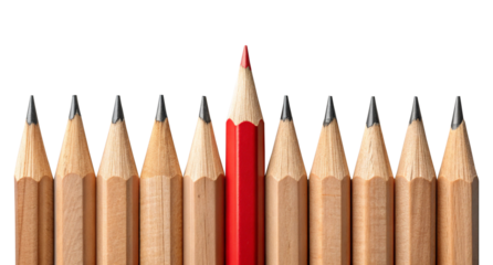 Creative concept image of red pencil standing out among group of ordinary wooden pencils on white background