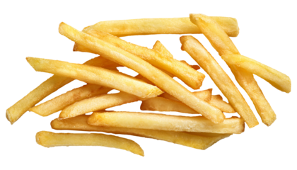 top view of stacked golden french fries with crispy texture and savory salted surface, fast food snack on isolated background

