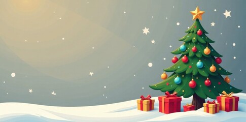 Minimalist cartoon Christmas tree with balls and presents, winter theme, festive colors