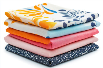 Stack of colorful fabrics, arranged in rainbow order, vibrant and neatly folded on a wooden table.