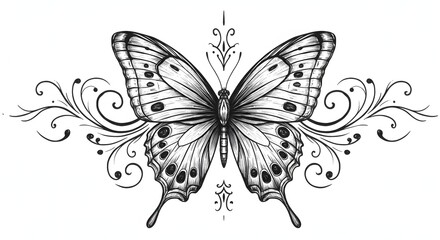 Intricate black and white butterfly illustration with ornate floral designs, capturing the beauty of nature and artistry, suitable for decor or inspiration Generative AI